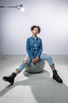 A fashionable woman in a denim jacket and ripped jeans poses confidently on a fitness ball in a studio setting.