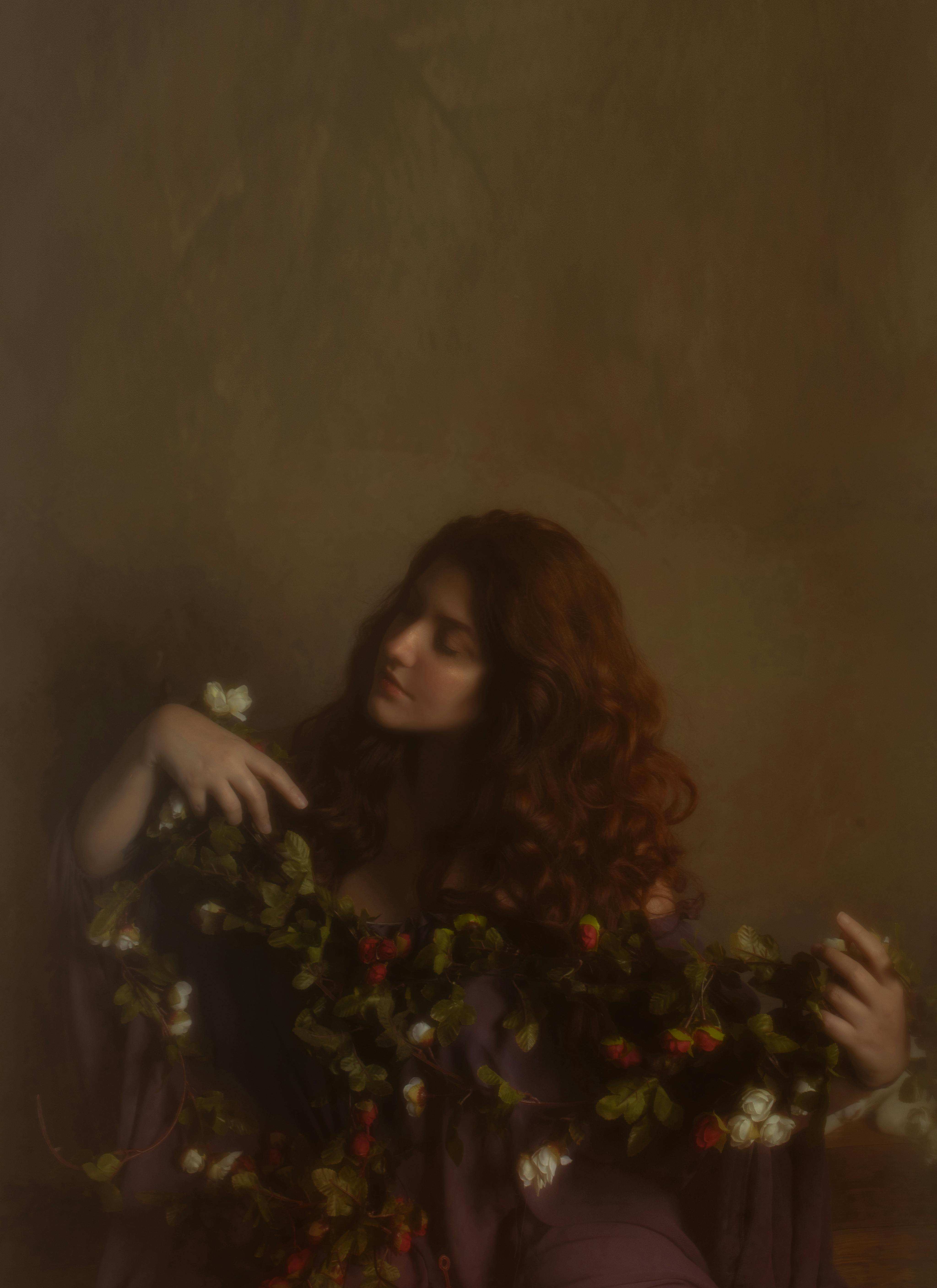 beautiful woman with flowers on her dress