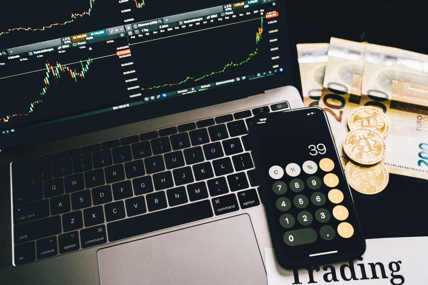 Trading charts and calculator used to evaluate options strategy costs and contract selection