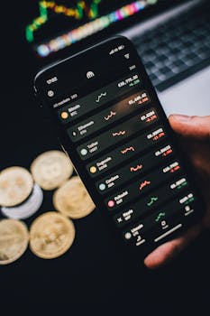 Close-up of a smartphone showing cryptocurrency trends with coins in the background.