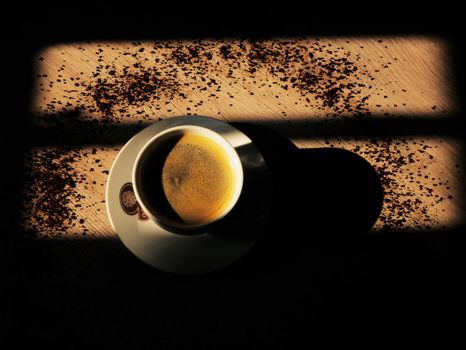 A Cup of Coffee on a Wooden Surface with Scattered Coffee Granules