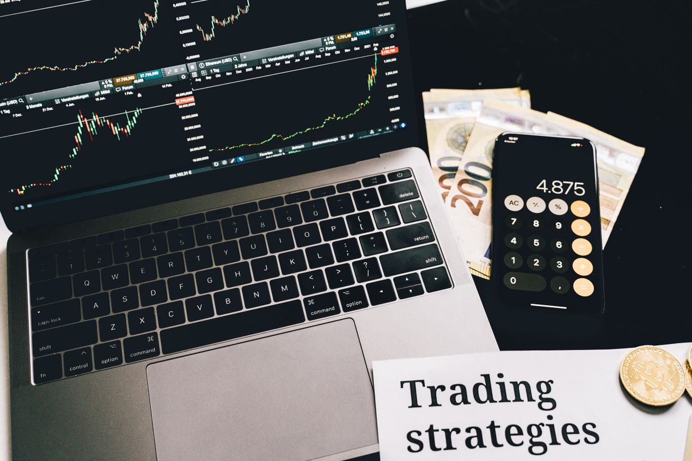 Trading calculator showing stock market charts and transaction calculations
