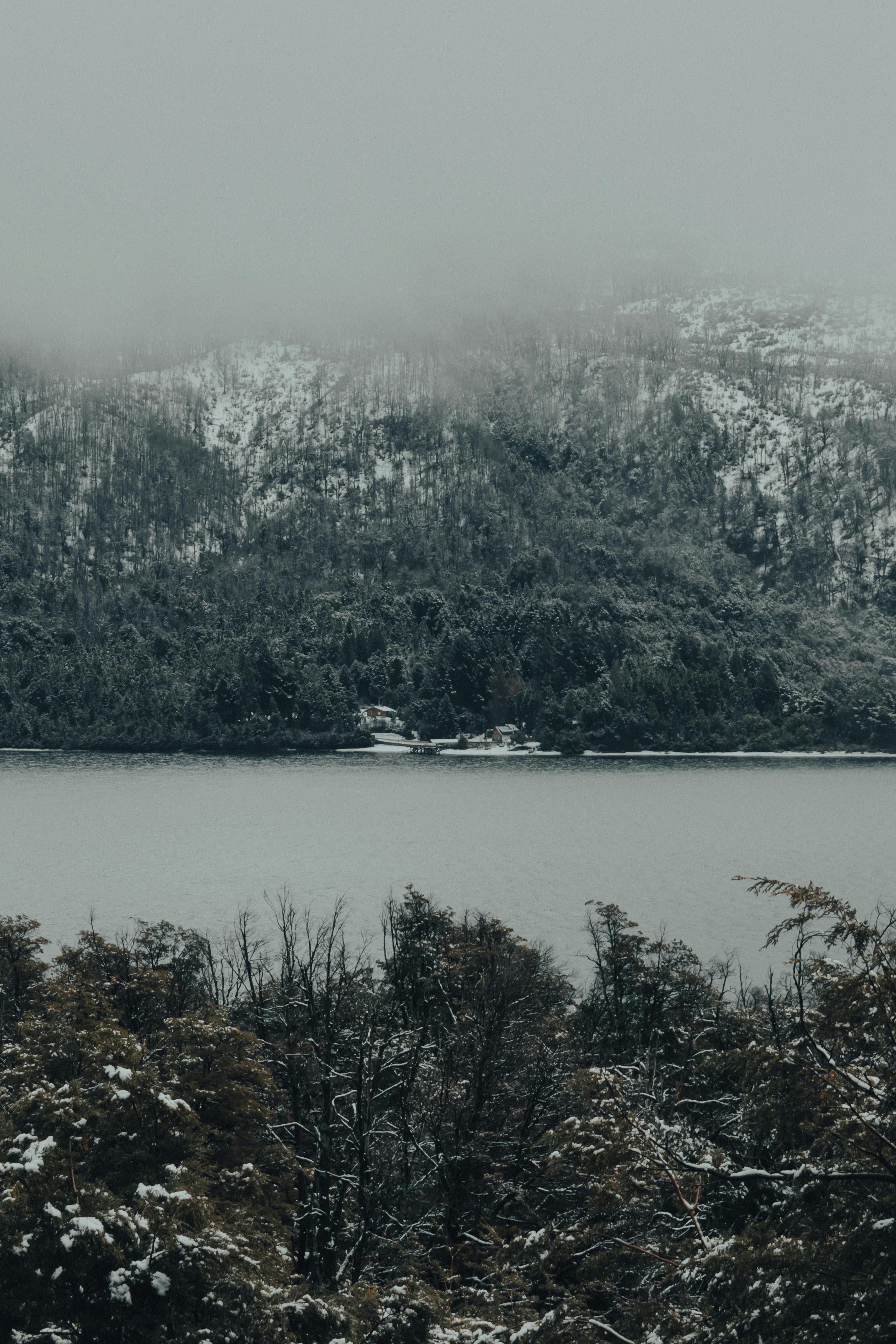 Prescription Goggle Inserts - Serene winter scene of a fog-covered mountain and lake surrounded by snow-dusted trees.