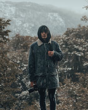 A solitary photographer stands in a rainy forest, capturing the moody atmosphere.