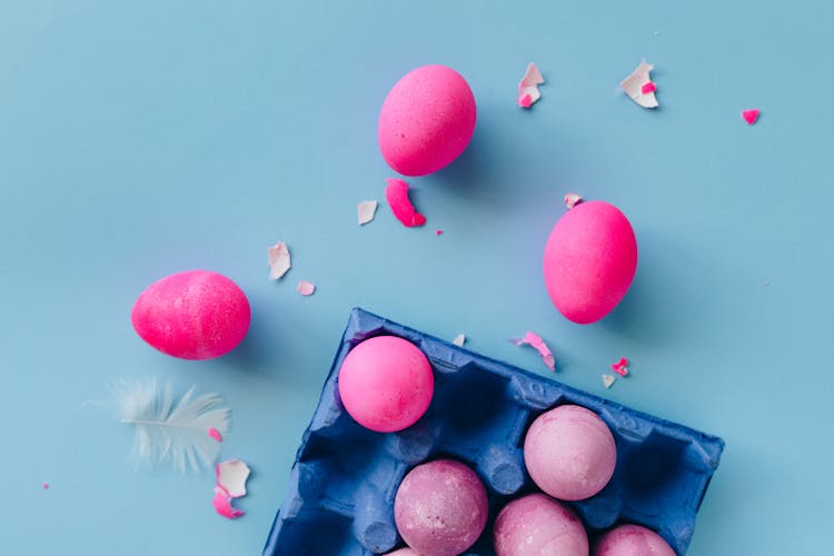 Pink Eggs On Blue Tray