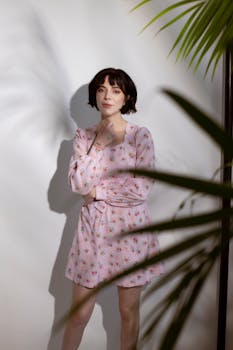 Confident young woman in pink dress standing near plant with green leaves and white wall with shades in light studio while looking at camera