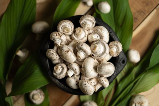Close-up of fresh button mushrooms in a black bowl surrounded by green leaves.