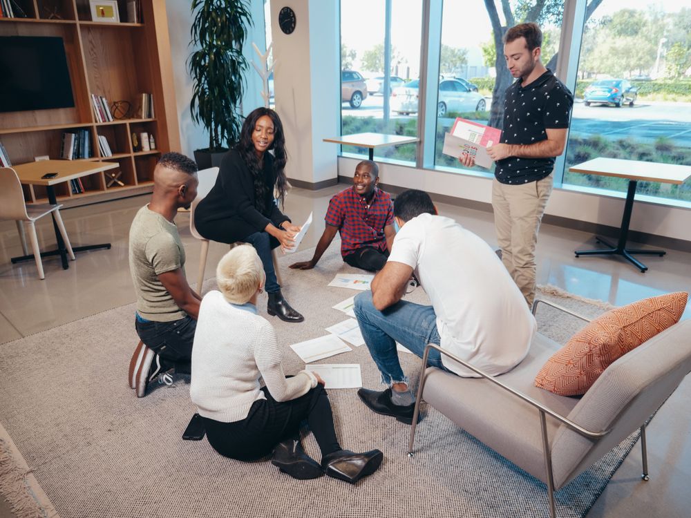 Diverse team collaborating in a modern office