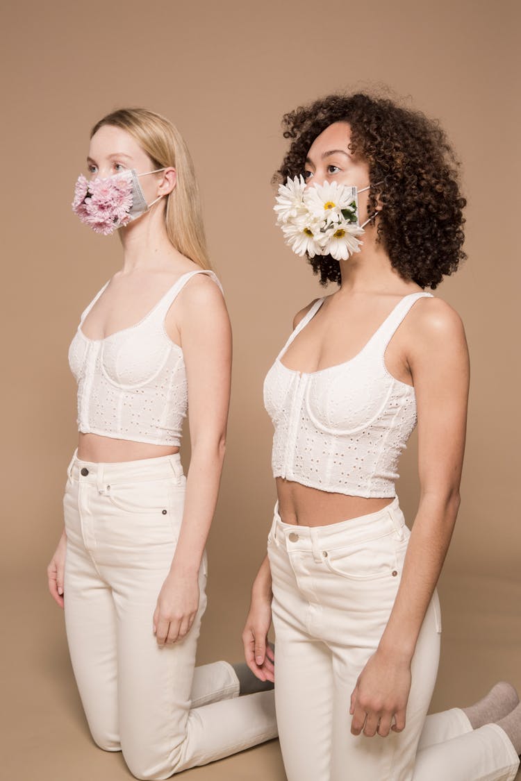 Stylish Diverse Women Wearing Flower Masks