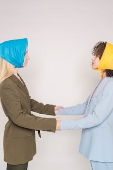 Side view of diverse crop best friends in bright headscarves and trendy coats looking at each other on white background