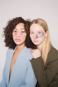 Two women with rainbow face paint embracing individuality and diversity in a studio setting.