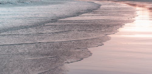 Foamy sea washing sandy beach in evening