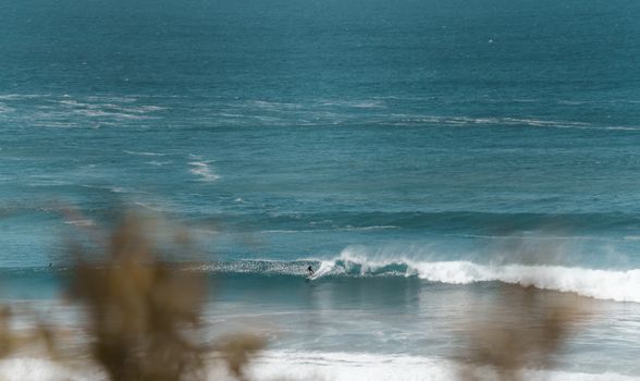 Surfer riding a powerful wave in a vibrant ocean setting.