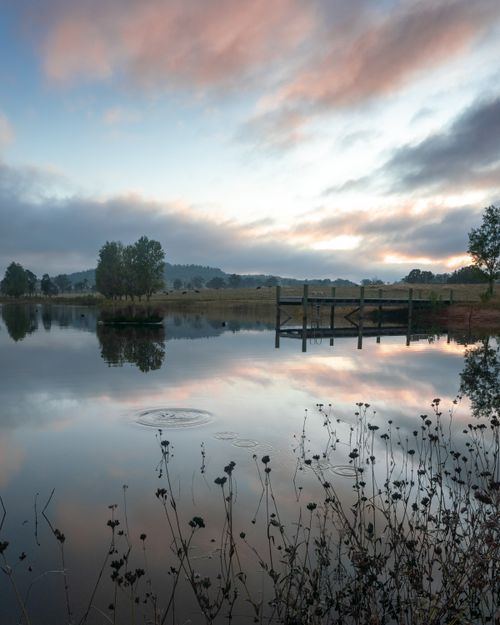 Free A tranquil lake scene at dusk with reflections of the sky and a wooden pier. Perfect for nature enthusiasts. Stock Photo