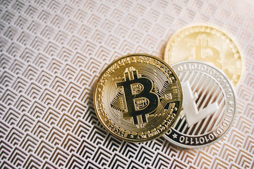 Free Bitcoins on the Table Stock Photo