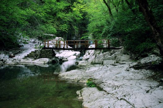A serene creek in a green forest with a small wooden bridge, surrounded by rock formations.