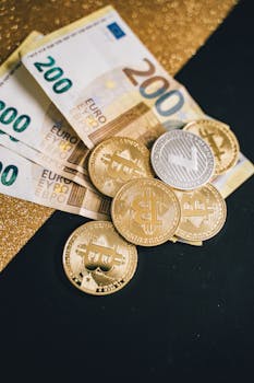 Close-up of Euro banknotes and cryptocurrency coins on a gold glitter background.