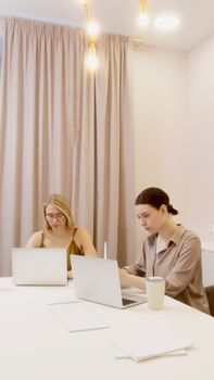 Two businesswomen working together on laptops in a modern, well-lit office setting.