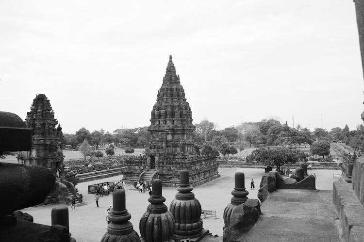 Grayscale Photo Of A Temple In Yogyakarta, Indonesia