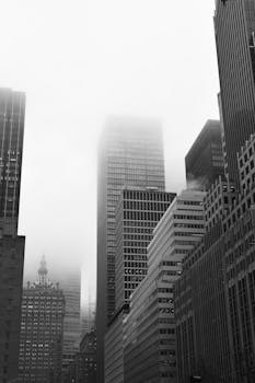 A misty grayscale view of New York City's towering skyscrapers, enveloped in fog.