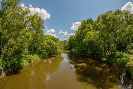 Peaceful river reflecting trees and clouds in a vibrant green forest on a sunny day.