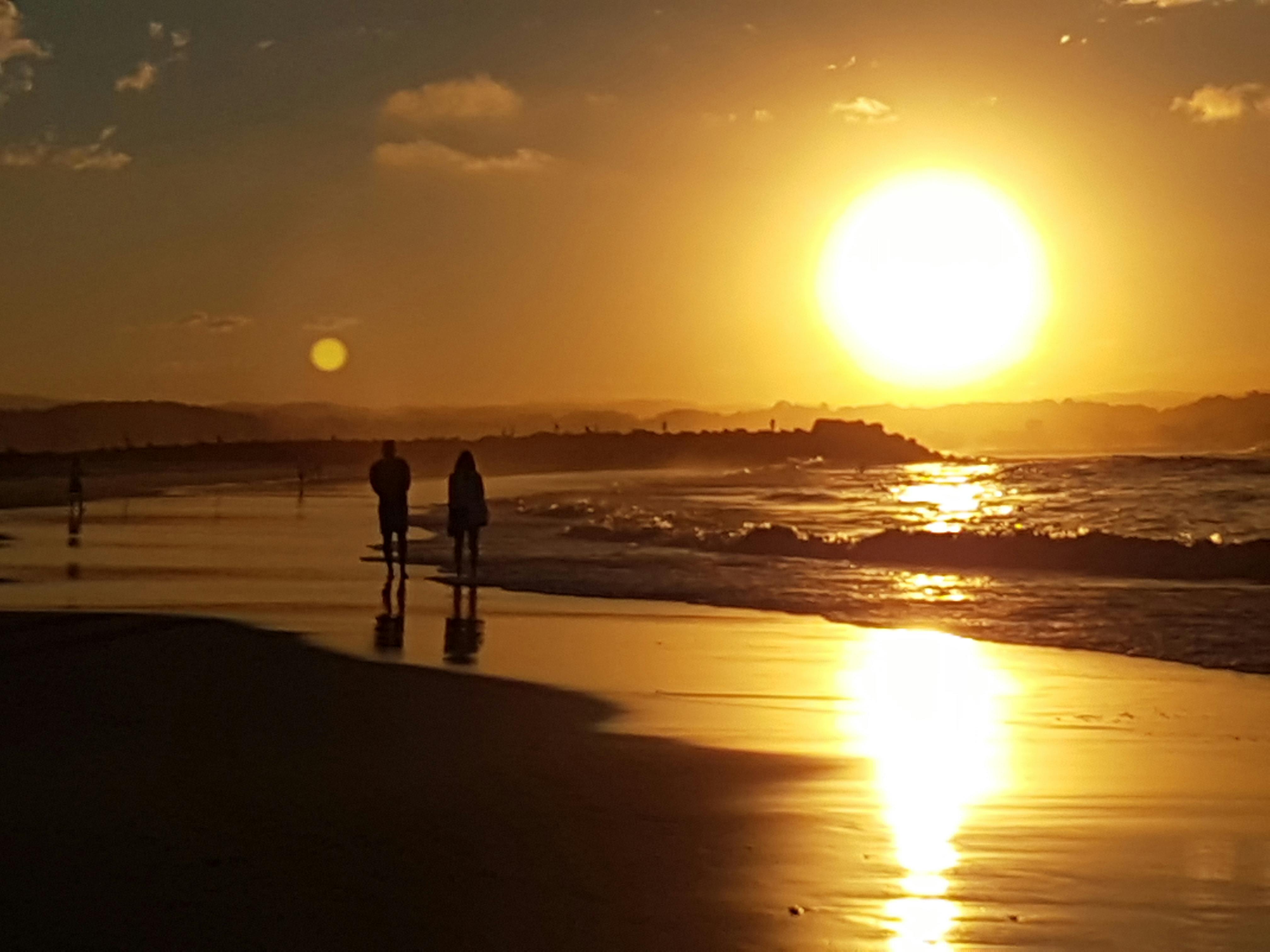 beach, couple walking, golden sun