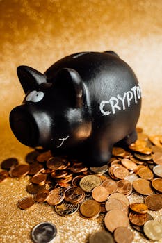 A black piggy bank labeled 'CRYPTO' surrounded by various coins on a gold background.