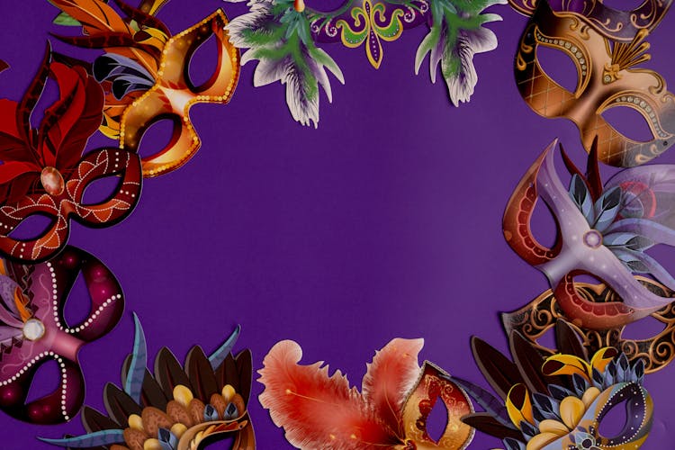 Mardi Gras Masks On Purple Background