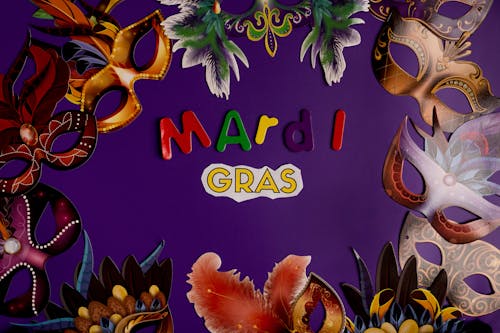 Colorful Masks And Mardi Gras Text On Purple Background