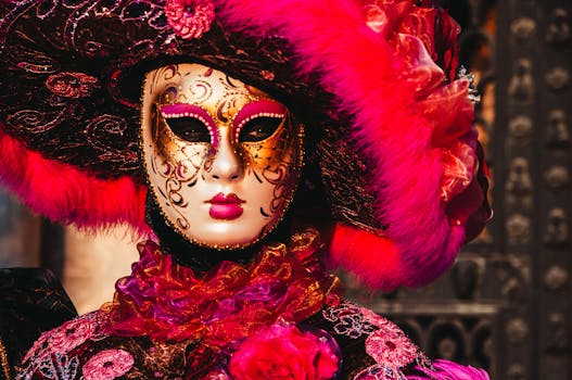 Vibrant Venetian mask and costume at a masquerade, capturing the essence of Venice's Carnival.
