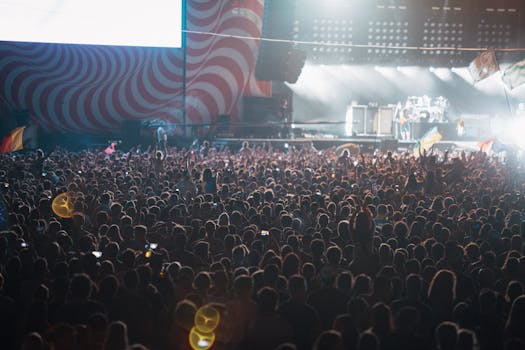 Energetic crowd enjoying live music at a festival stage in Budapest, Hungary.