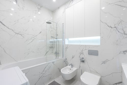 Free Interior of modern bathroom with toilet and bidet under mirror on white tile next to bathtub with shower Stock Photo