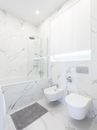 Bathroom interior with bidet and toilet near bath