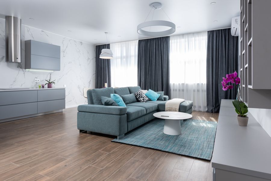 Modern furnished living room available through Family Rentals