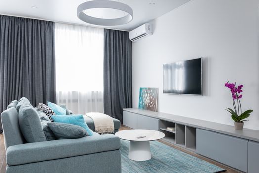 Interior of modern living room with TV on wall and blooming potted flower with picture on shelf