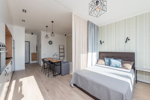 Free Light studio apartment with soft bed and sofa against cabinets of white kitchen in simple modern design Stock Photo