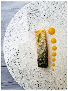 Elegant top view of a gourmet salmon fillet with artistic sauce dots on a speckled plate.