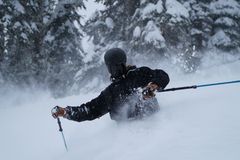 Skier enjoying a deep powder run in Revelstoke, BC's snowy wilderness.