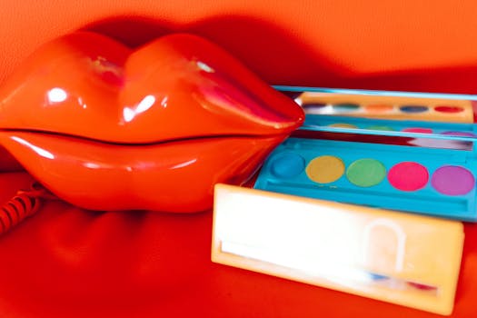 A colorful makeup set featuring an eye-catching lip-shaped container and vibrant eyeshadows.