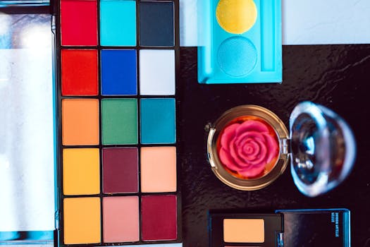 Bright and vibrant makeup palette with various colors, perfect for creative makeup looks.