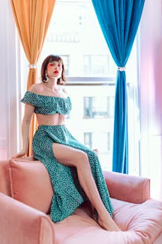 Stylish woman in vintage attire posing by colorful curtains indoors.