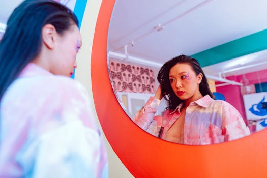 Colorful and artistic portrait of a woman reflecting in a decorative mirror indoors.