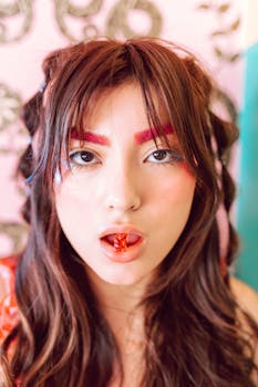 Stylish portrait featuring bold makeup and a playful expression.