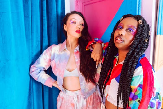 Vibrant and artistic fashion portrait featuring bold makeup and colorful attire.