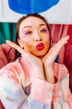 Vibrant close-up of a young woman with artistic makeup, expressing playful elegance.