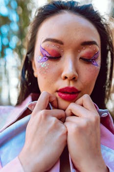 Close-up of a young woman with artistic makeup, eyes closed, outdoors.