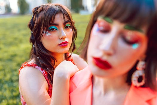 Colorful outdoor portrait of young women with vibrant makeup, highlighting individuality and style.