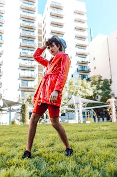 Stylish young adult in red coat posing in sunny urban park with modern buildings.