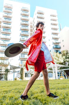 A fashionable young adult in a red coat poses dynamically in a cityscape.