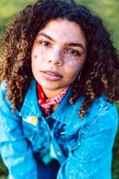 Vivid portrait of a young woman with artistic face paint and curly hair.
